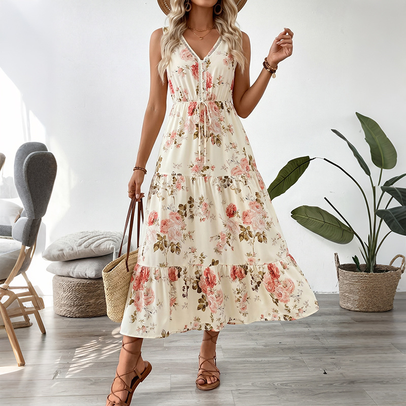 Midi Skirt Floral - Damesjurk met bloemenprint, mouwloos, midi-lengte, V-hals,