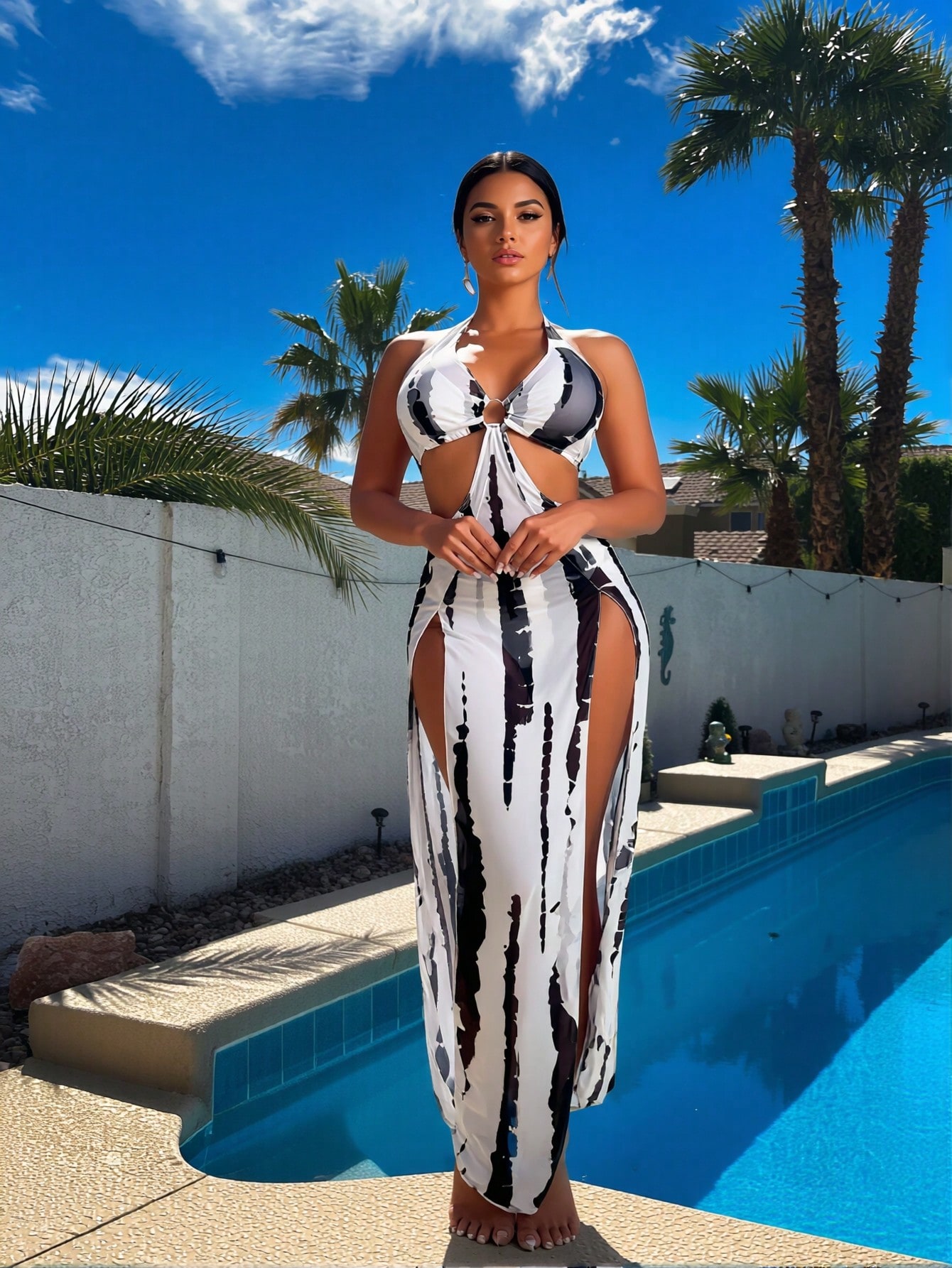 Nieuwe zwart-witte tie-dye 3-d - Maxi Dress Halter recensie en prijs